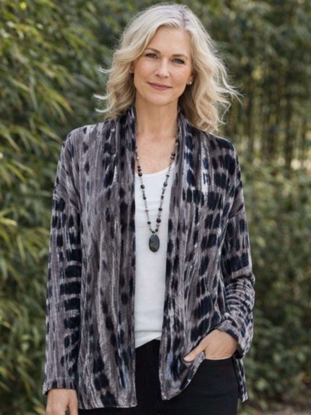 J. Jill Pure Jill Open-Front Cardigan Shibori Print Kimono Style Velvet Jacket